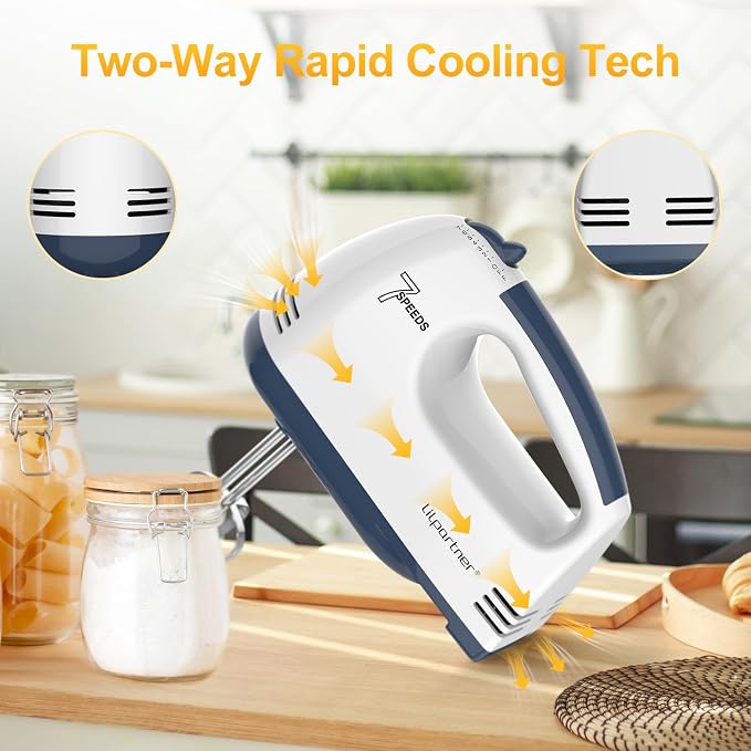 LILPARTNER Electric Hand Mixer with Storage Box, Ultra Power Kitchen Hand Mixer With 7-Speed & 5 Stainless Steel Accessories for Whipping Dough, Cream, Cake, Dishwasher Safe, WHITE BOX