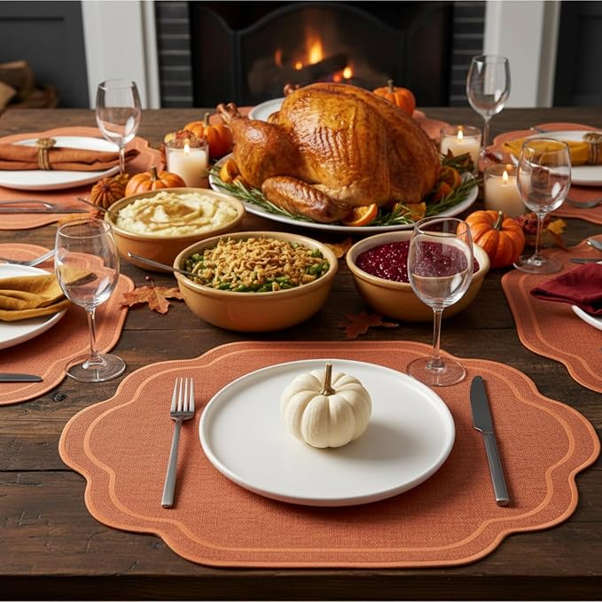6 Pcs Orange Wedding Placemats Scalloped Embroidered Cotton Linen Placemats 17" x 13" Double Layered Machine Washable Table Place Mat for Party Table Decor (Cotton)