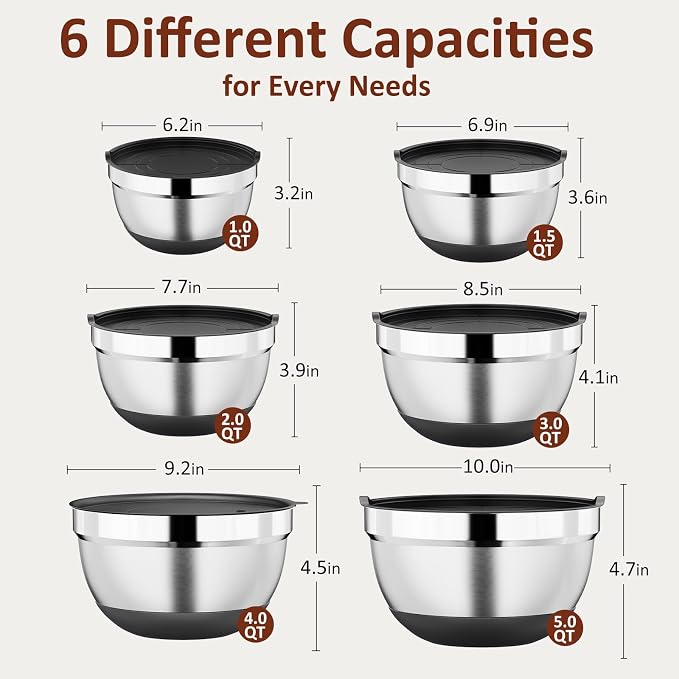 9 Pack Mixing Bowls with Airtight Lids & Grater Attachments, Black | Stainless Steel Bowl, Non-slip Bases, Nesting Kitchen Bowl, Size 5, 4, 3, 2, 1.5,1QT,for Food Prep, Baking, Storage & Serving