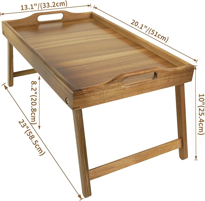 Utoplike Large Acacia Bed Tray Table for Eating, Breakfast Trays with Legs | Foldable Legs, Wood Serving Trays for Food, Snack, Laptop Working, Reading, Raised Edges, Large Size