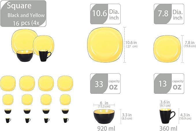 Stoneware Square 16pc Dinnerware Set, Inside Shiny Yellow + Outside Matte Black