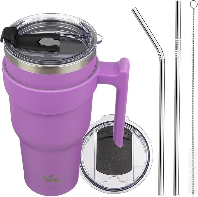 Konokyo 40 oz Tumbler with Handle and Straw, Insulated Travel Mug | Lavender; BPA-free, leak-proof tumbler with 2 lids, 2 straws, cup holder fit for coffee, office, travel & daily use