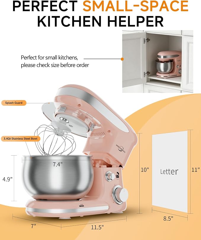 Stand Mixer 3.4QT Tilt-Head Pink Mixers 6+P Tilt-Head Speed | Portable Household Mixer for Daily Use with Egg Whisk,Dough Hook & Flat Beater,Perfect Dough Bread Mixer for Home Baking