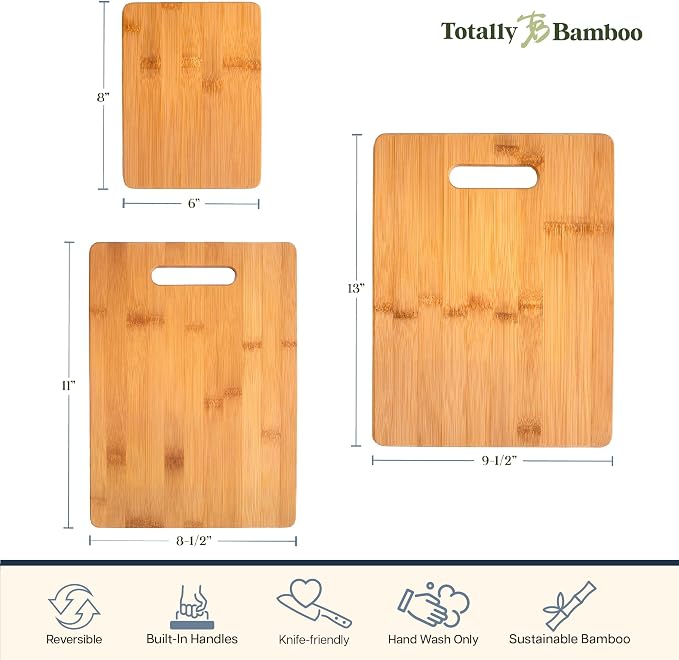 Totally Bamboo Cutting Board Set, 3 Reversible Cutting Boards for Kitchen | Small, medium & large bamboo boards for everyday meal prep. Smooth, knife-friendly surface for meat, produce, cheese & bread.