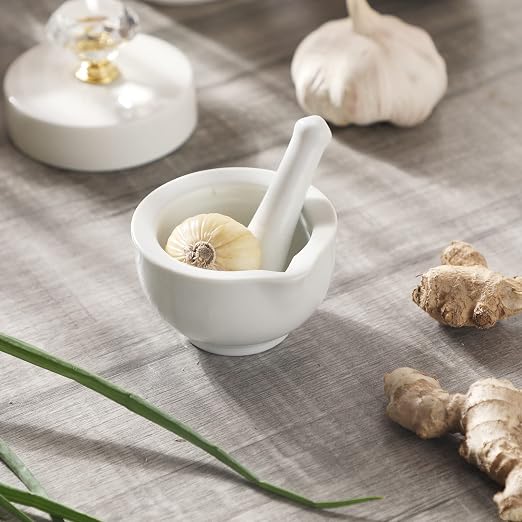 Mortar and Pestle Set (3.2 Inch) | Ceramic stoneware, sturdy, multi-purpose, spice/herb/pill, easy-clean, non-slip, comfy, dishwasher-safe, compact, elegant