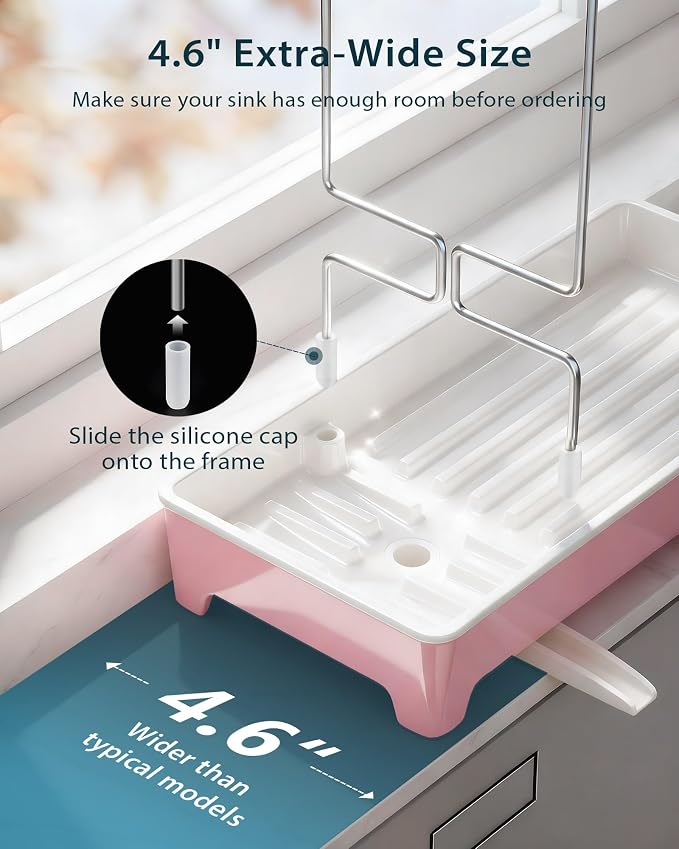 Minimalist Sink Caddy, Rustproof Sponge Holder for Kitchen Sink Pink | Large Rustproof countertop organizer with 304 stainless steel brush holder, raised ridges and silicone drain tube