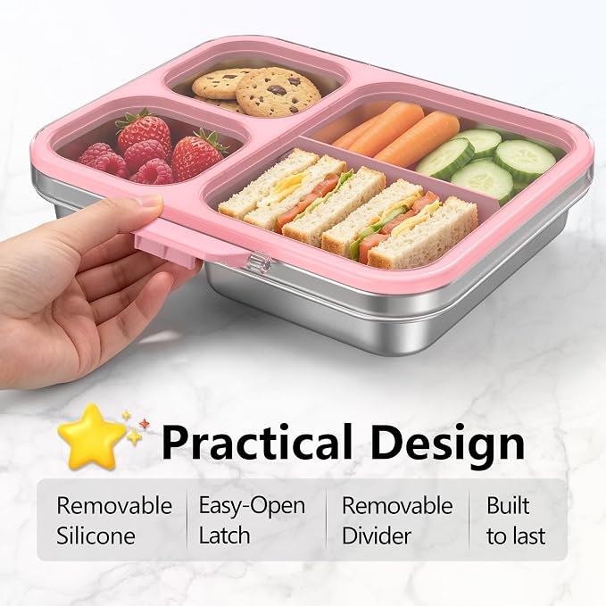 HOMEKOL Stainless Steel Bento Lunch Box 3-Compartment, 4.2Cups, Pink | Leak-Proof Metal Lunch Container for Kids & Adults, BPA-Free, Dishwasher Safe, Clear Tritan Lid, 1000ml (Not Insulated)