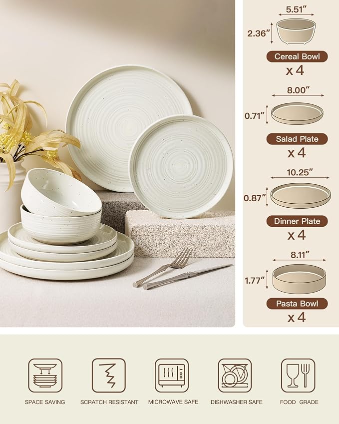 Stoneware Dinnerware Sets with Pasta Bowls, Service for 4 | 16-Piece Ceramic Plates and Bowls, Speckled Spiral Dishes, Chip & Scratch Resistant, Microwave & Dishwasher Safe, White Honey