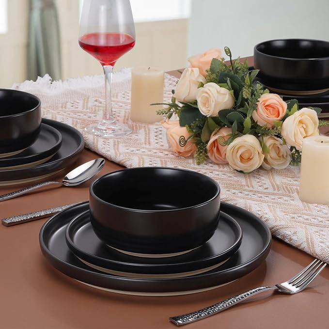 LIANYU Plates and Bowls Sets for 8, 24 Piece Stoneware Dinnerware Set, Porcelain Dishware for Kitchen and Dining, Microwave Oven Dishwasher Safe, High temperature & Scratch Resistant, Matte Black