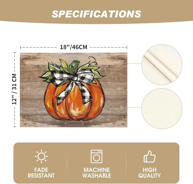 Artoid Mode Wood Pumpkin Bowknot Fall Placemats Set of 4-12 x 18 Inch | Heat-Resistant Table Mats, Washable Seasonal Autumn Kitchen Dining Decor