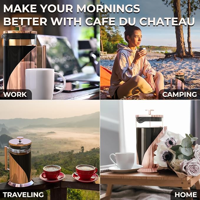 Cafe Du Chateau Stainless Steel French Press Coffee Maker 34 oz - Easy to Use Insulated Coffee Press with 4-Level Filtration, Manual Brewer for Tea, Camping & Travel with BPA Free, Durable Clear Glass
