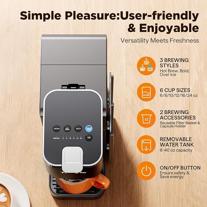 Tastyle Hot & Iced Coffee Maker with Magnetic K-Pod Holder, Fits 7.3'' Mug | Stores 10 Pods, for K Cup & Grounds, Compact for Home, Office & RV, Brew 6-24oz Coffee, 40 oz Removable Tank, K330CH, Black