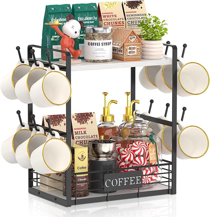 EsLuker.ly Coffee Mug Cup Holder Tree Bar Station Organizer, 2 Tier White | Mug Stand Rack for Countertop Kitchen, Storage Tower Display Shelf with 12 Hooks, Coffee Nook Enhancer