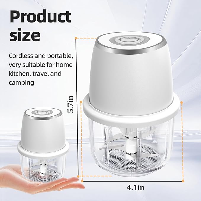 Electric Garlic Chopper With Glass Bowl Cordless Mini Food Processor（White） | BPA-Free Glass Bowl 6-Blade Cutting Cordless & USB Rechargeabl Garlic Chopper Mini Chopper for Onion Herb Nut Easy to Clean