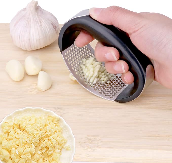 Garlic Press Rocker, Stainless Steel Garlic Crusher, Mincer and Chopper | Garlic Squeezer Easy Kitchen Gadget with Silicone Tube Garlic Peeler and Cleaning Brush Tool Set for Effortless Smashing