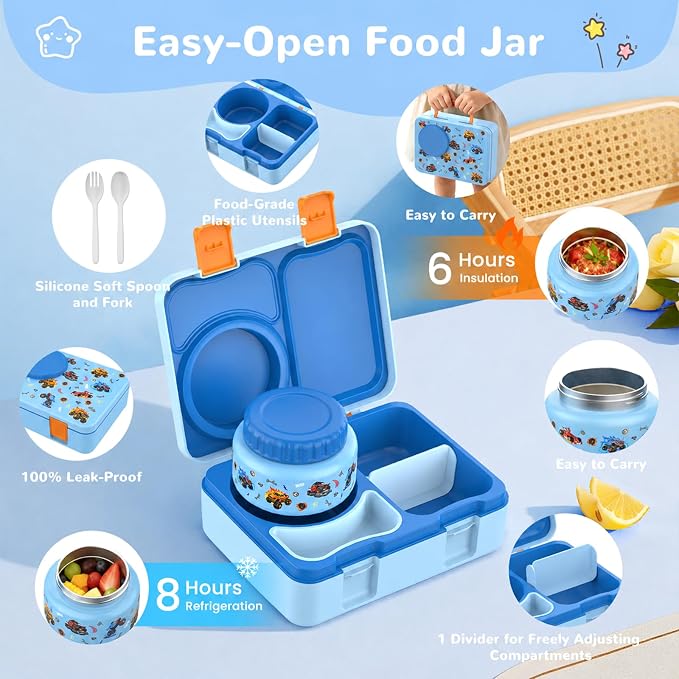Bento Box for Kids, Leakproof Kids Lunch Box with 8.5OZ Thermo Food Jar & Lunch Bag, 3-4 Compartments Toddler Insulated Lunch Box for Boys, BPA Free Lunch Containers for School Daycare