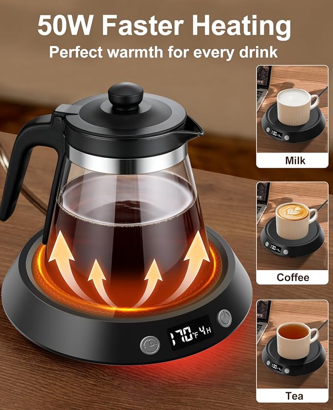 Kepwam Mug Warmer for Desk, Coffee Warmer with 3 Temp Settings & 2-9H Timer | 50W Fast Heating Beverage, LED Digital Display, Works for Coffee Mugs & Candle Jars, Multifunctional Gift fo Home & Office