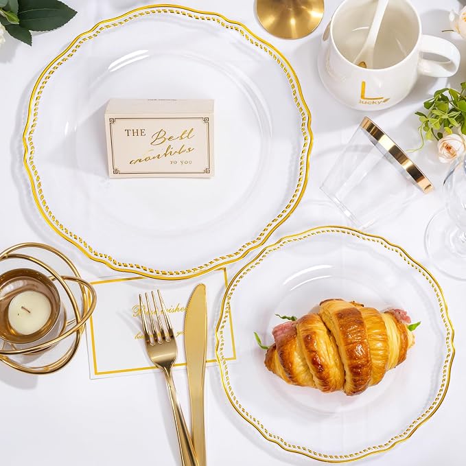350 Pcs Clear Gold Plastic Plates for Wedding & Party | Gold Plastic Dinnerware Set Includes 50 Dinner Plates, 50 Dessert Dinnerware, 50 Cups, 50 Rolled Napkin Cutlery Perfect