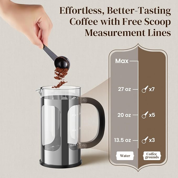 Veken French Press Coffee Maker,No Plastic Touching Cafe,34oz 1L Cafetera | Heat Resistant Thickened Borosilicate Glass Stainless Steel Brewer,Pot for Kitchen,Travel,Camping,Tea,Gifts,Silver
