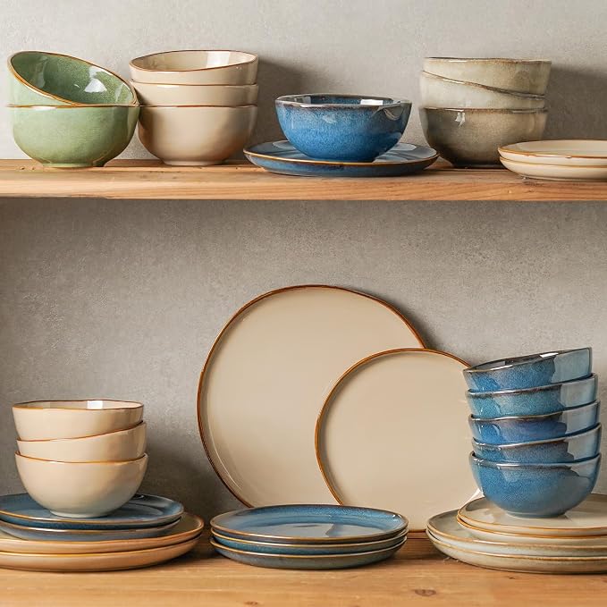 Stoneware Dinnerware Sets for 4, Reactive Glaze Plates and Bowls, Blue | 12-Piece Handcrafted Rustic Porcelain Dishes Set, Highly Scratch Resistant, Dishwasher & Microwave Safe