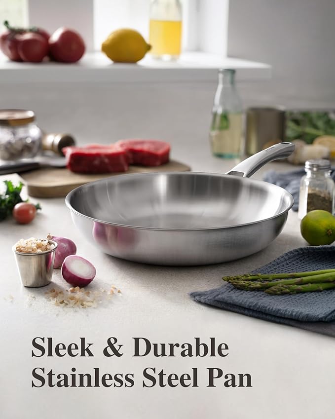 VocVoi Stainless Steel Pan, 12 Inch with Lid Stainless Steel Frying Pan, Non Toxic Tri-Ply Skillet, PFOA&PTFE Free, Oven and Dishwasher Safe, Induction Compatible