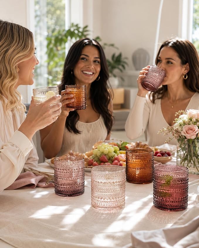Venus Amber Brown Hobnail Highball Glasses Vintage Tumblers Set of 6 11 oz | Vintage Beaded Design, Embossed Bubble Texture, Elegant Color, Timeless Drinkware for Home Bars, Parties, and Housewarmings