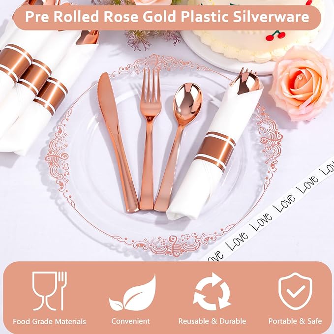 400PCS Pre Rolled Rose Gold Plastic Silverware Heavy Duty for Party | Individually Wrapped Utensils, 100 Guests, Durable and Sturdy, BPA free, Includes Matching Napkins, for Glamorous Weddings