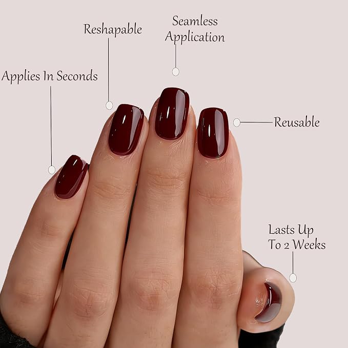 Burgundy Press on Nails Short Square, Dark Red Fake Nails | Short Square Fake Nails,Apply Protective UV coating, Salon Quality Nails in 12 Sizes - 24 Nail Kit with Glue