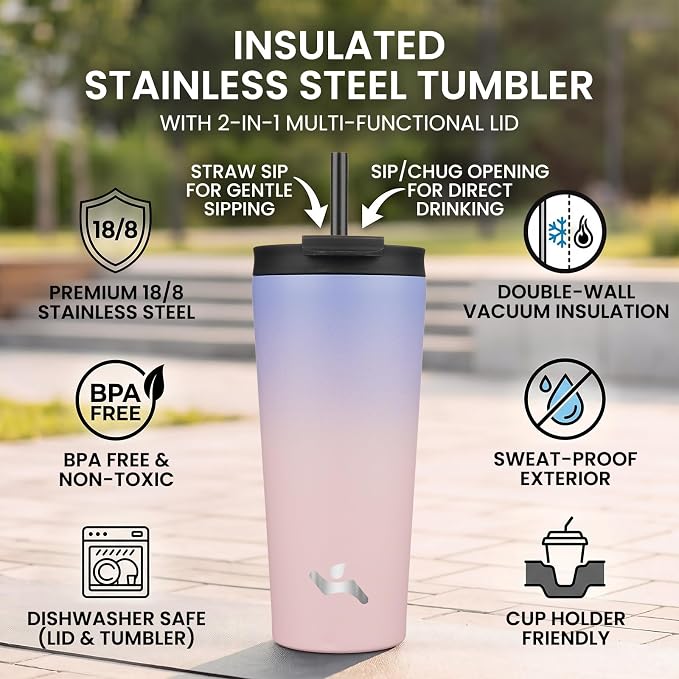 Konokyo 22 oz Insulated Tumbler Water Bottle with Straw Lid, Pastel Sunset | Stainless steel insulated tumbler for coffee, water and iced drinks; spill-proof lid, 2 straws, cup-holder friendly