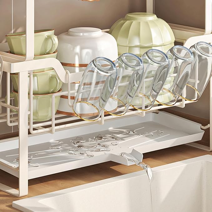 HABITLLO 2-Tier Dish Drying Rack with Drainboard, Large Capacity Dish Racks for Kitchen Counter Shelf with Utensil, Cups, Cutlery & Cutting Board (White)