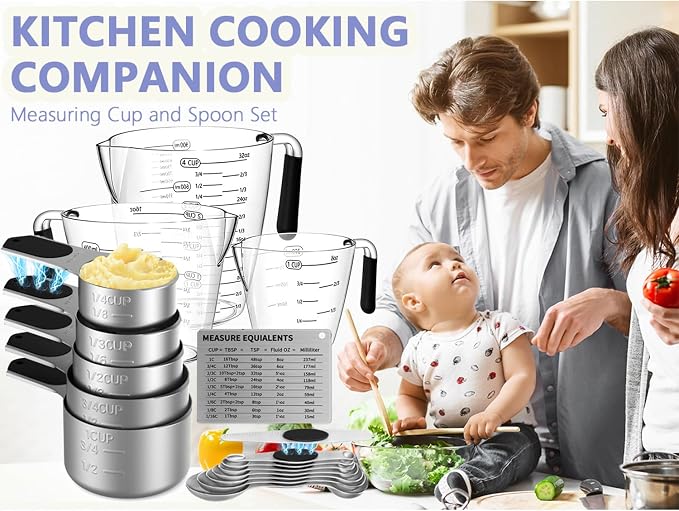 Magnetic Measuring Cups and Spoons Set,Stainless Steel 5 Dry & Liquid Measuring Cups Dry,7 Magnetic Measuring Spoons,3 Plastic Measuring Cup with 1 Measuring Conversion Chart for Cooking & Baking