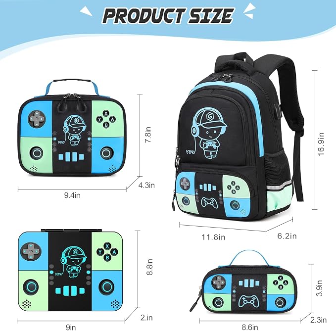 Backpack for School Boys, Cool Luminous Gamer Boys Schoolbag | with Lunch Box & Pencil Case Set for Kids Teens Elementary Middle School, Bookbag Glow In The Dark
