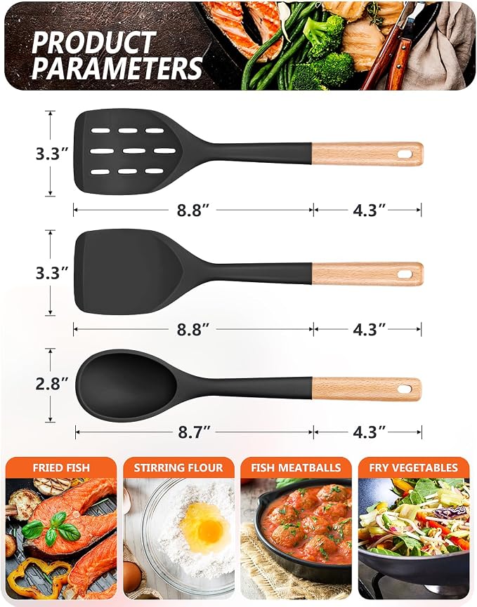 Pack of 3 Silicone Spatula, Non Stick Cooking Utensil Set, Black | Heat Resistant, Non Scratch, Wooden Handle Kitchen Turner for Baking Mixing Grilling Serving Food