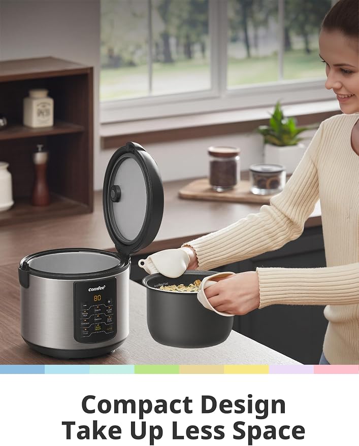 COMFEE' Rice Cooker with 6 Functions, 4-Cups Uncooked Rice | multi cooker, slow cook, steam, saute, warm, 6 one-touch programs for brown rice, quinoa and oatmeal