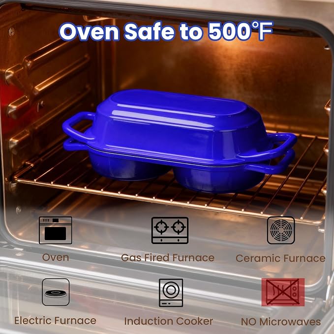 YONILL Mini Double Dutch Oven with Lid for Sourdough Bread Baking (Blue) | Enameled Cast Iron Pot with Lid, 5" Banneton Bread Proofing Basket Include, Dual Round Bread Loaf Pan for Homemade Baking