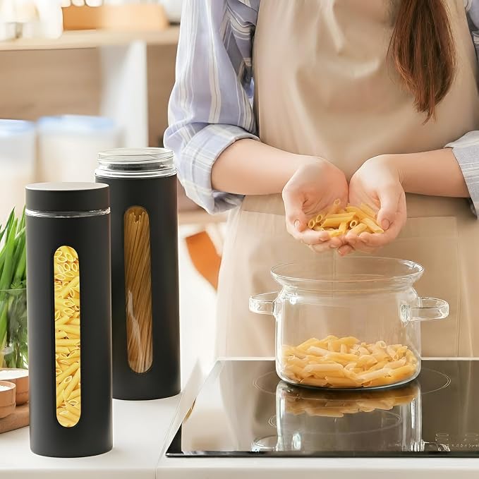 Patelai 6 Pack Kitchen Canisters Set Airtight Stainless Steel Canister Food Storage Container with Window Glass, Coffee Sugar Candy Jars Tea Organizer for Flour Cookies Spice (Black,60 oz)