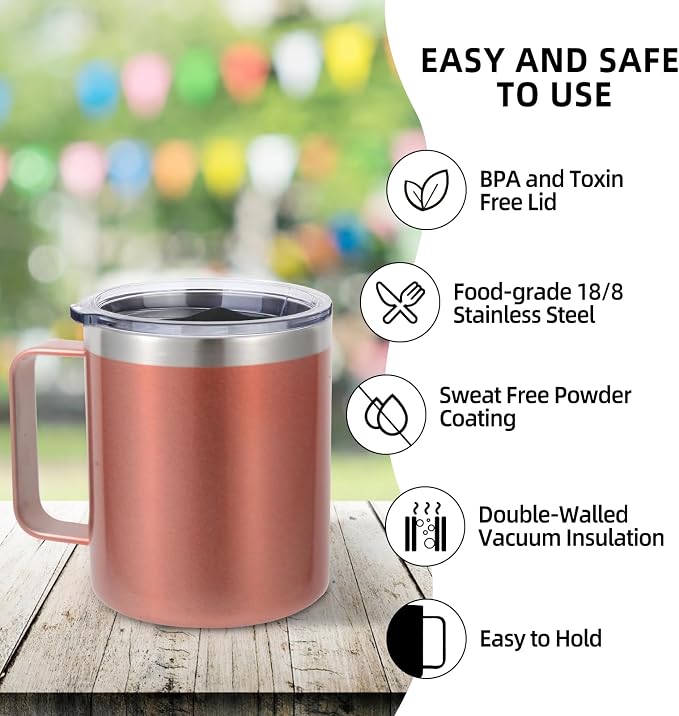 Volhoply 14oz Insulated Stainless Steel Coffee Mug with Lid Bulk 8 Pack,Double Wall Vacuum Travel Coffee Cup with Handle,Reusable Cups Tumbler Cup,Camping Mugs Keep Hot,Ideal Gifts(Rose Gold,8)