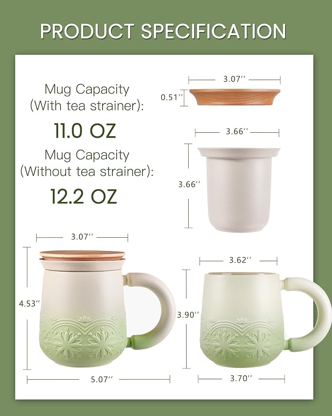 ZENS Tea Mug with Infuser and Lid for Loose Leaf Tea Steeper, 12oz Green | Embossed Ceramic Tea Cup with Strainer for Tea Lovers Gifts, Tea Diffusers Japandi Style Sunflower