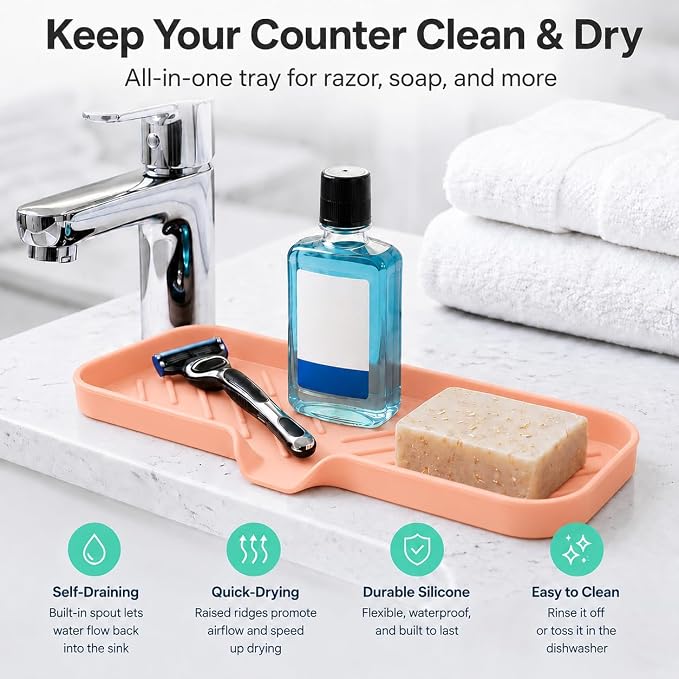 MicoYang Silicone Soap Dish with Drain Spout — Self-Draining Double Sink Organizer Tray for Kitchen & Bathroom, Dispensers, Sponges & Soap Holder, Non-Slip & Dishwasher Safe, Pink (Large, 12"×4")