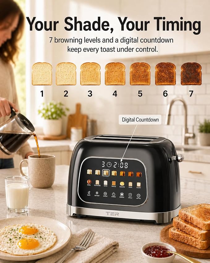 TER Touch Screen Toaster 2 Slice, 1.5" Wide Slot, Stainless Steel, Black | Smart Digital Retro Toaster for Bagel & Thick Breads, 7 Bread Modes & 7 Browning Levels, Memory Function, Defrost & Reheat