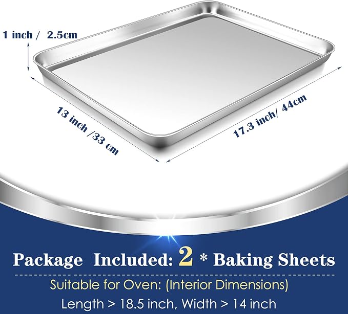 P&P CHEF Baking Sheet Pan, Stainless Steel Cookie Sheet, 17.3 Inch & 2 Pcs | Oven Tray Sheet Pan for Baking & Serving, Baking Tray for Multi Uses, Heavy Duty & Non-toxic, Rust Free & Dishwasher Safe