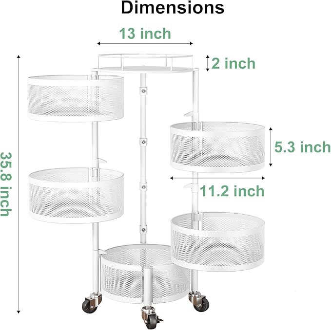 SAYZH 5 Tier Fruit Vegetable Basket Stand for Kitchen, Rotating, White | Rolling Storage Cart with top lid, Large Metal Wire Rack for Potato and Onion Storage