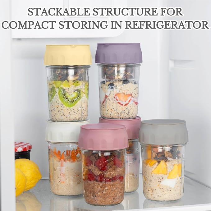 SOLIGT 2 Pack Overnight Oats Containers with Lids (Gray/Rose Pink) | Folding Spoons and Divided Compartments for Fruit&Nuts, Small Glass 16oz Mason Jars for Oatmeal Yogurt Parfait