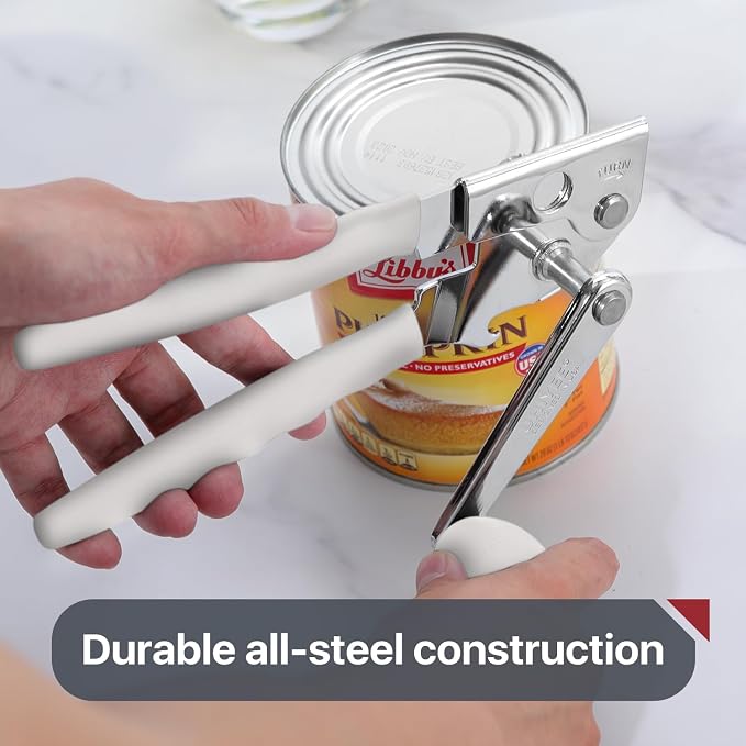 UHIYEE Commercial Can Opener Heavy Duty, Hand Crank for Large Cans, White | Manual Can Opener, High-Carbon Blade, Extra-Long Handle, Oversize Knob, Built-in Magnet & Bottle Opener, For #10 Cans