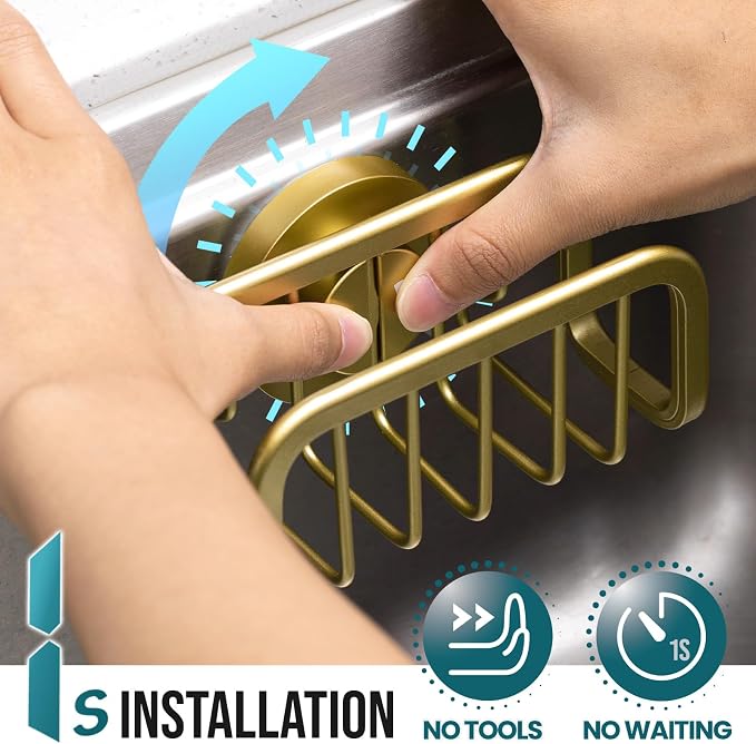 TAILI Rustproof Sponge Holder for Kitchen Sink with Suction Cup-Gold | Rustproof Aluminum Sink Caddy for Sponges, Brushes, Stoppers & Scrapers,Removable Ventilated Quick-dry Design, Holds Up 11lbs
