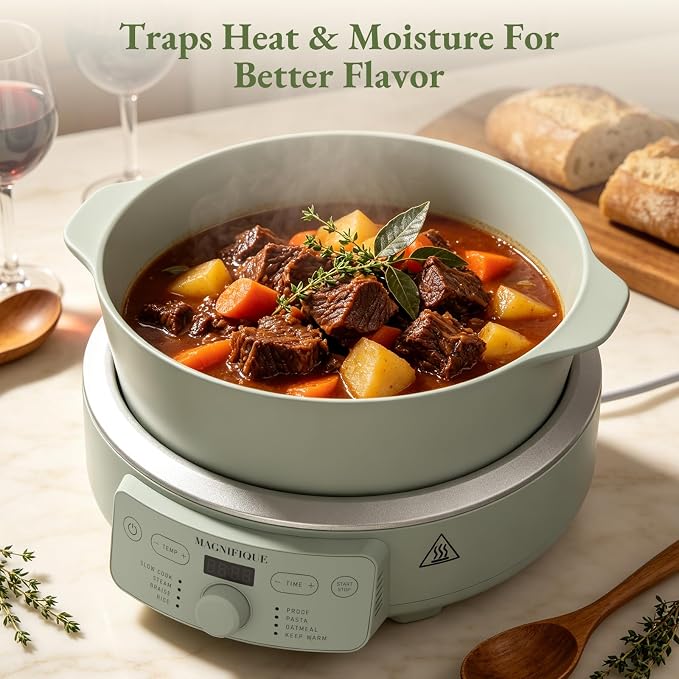 MAGNIFIQUE Slow Cooker, 4.5 Quart 8-in-1 Clay Pot Multi-Cooker, Non-Toxic Slow Cooker with Removable Clay Pot, for Rice, Pasta, Steam & Proof, Nonstick, Oven Safe Pot to 500°F, Olive