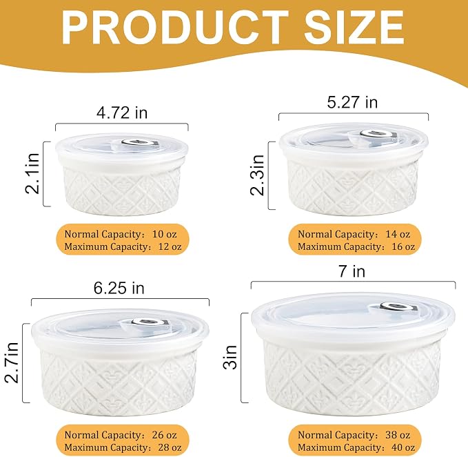 Large Mixing Bowls with Airtight Lids, Classic White Porcelain Embossed Nesting Salad Bowls for Baking and Cooking, 12/16/28/40oz Serving Bowls Set of 4, Oven and Dishwasher Safe, Thanksgiving Gift