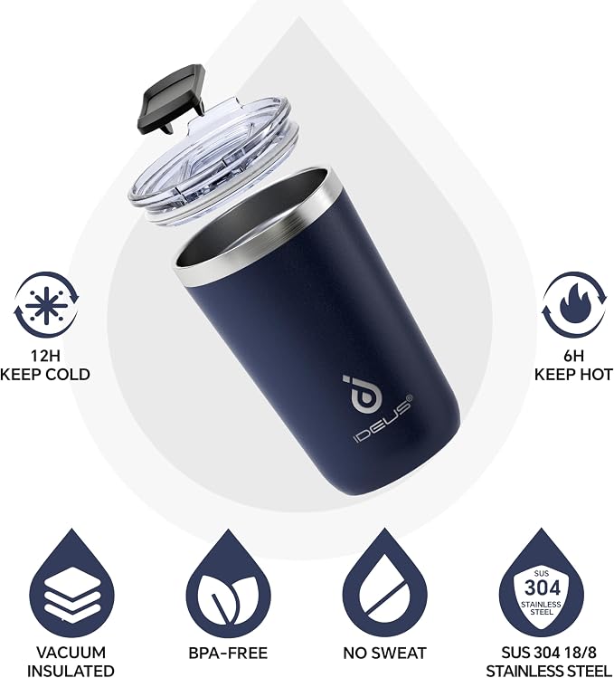Ideus 20 oz Tumbler, Travel Coffee Mug with Splash Proof Sliding Lid, Double Wall Stainless Steel Vacuum Insulated Coffee Mug for Home and Office, Keep Beverages Hot or Cold, Navy blue