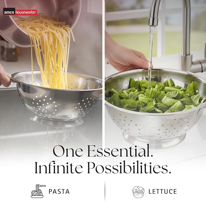 Amco 3-Piece Stainless Steel Colander Set, 1.5 Qt, 3 Qt & 5 Qt - Silver | Durable Strainers with Easy-Grip Handles for Pasta, Fruits, Vegetables & Salad, Fast Draining, Stackable, Dishwasher Safe