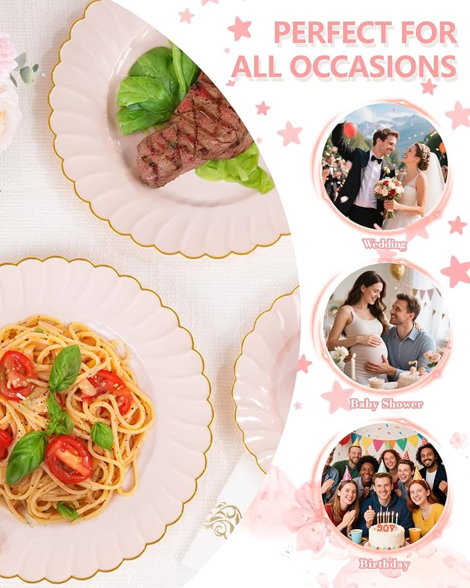 YOUBET 175PCS Pink Scalloped Plastic Plates for Party Wedding Baby Shower | Pink and Gold Disposable Dinnerware Set Include 50 Plates, 75 Gold Silverware, 25 Cups, 25 Napkins